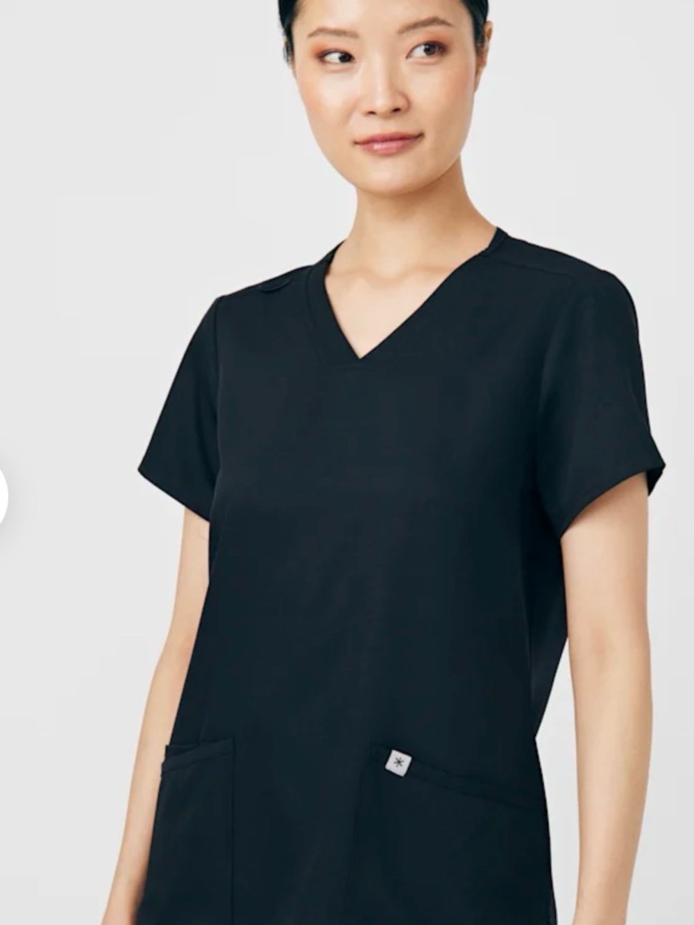Women's Black V-Neck Short Sleeve Top with Front Pockets
